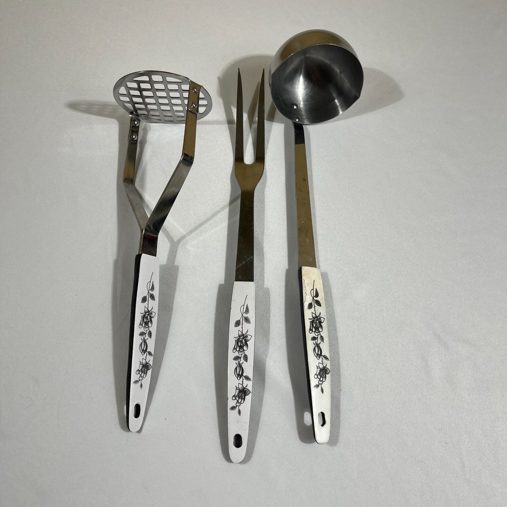Vtg Japan Stainless Steel Kitchen Utensil Set Black Rose Floral MCM 3pc‎ White